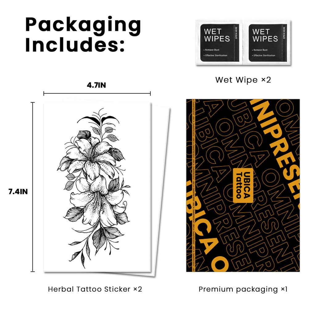 UBICA Tattoo Tech: 2 Large Sheets Lily Flower Semi-Permanent Tattoos, 7–15 Days, Waterproof