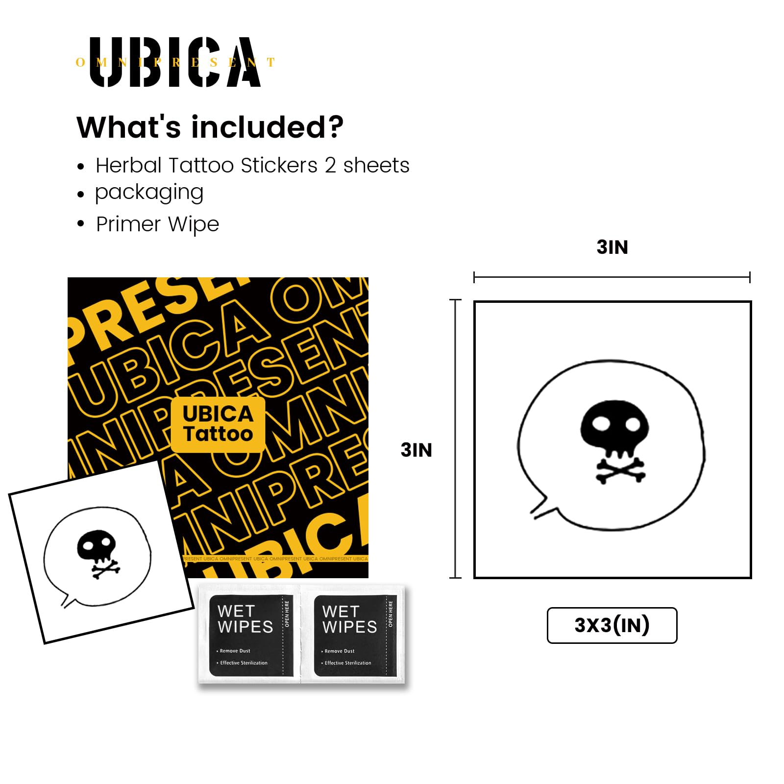 UBICA Temporary Tattoos for Adults – Realistic Skull 3x3in, Waterproof, 1–2 Weeks
