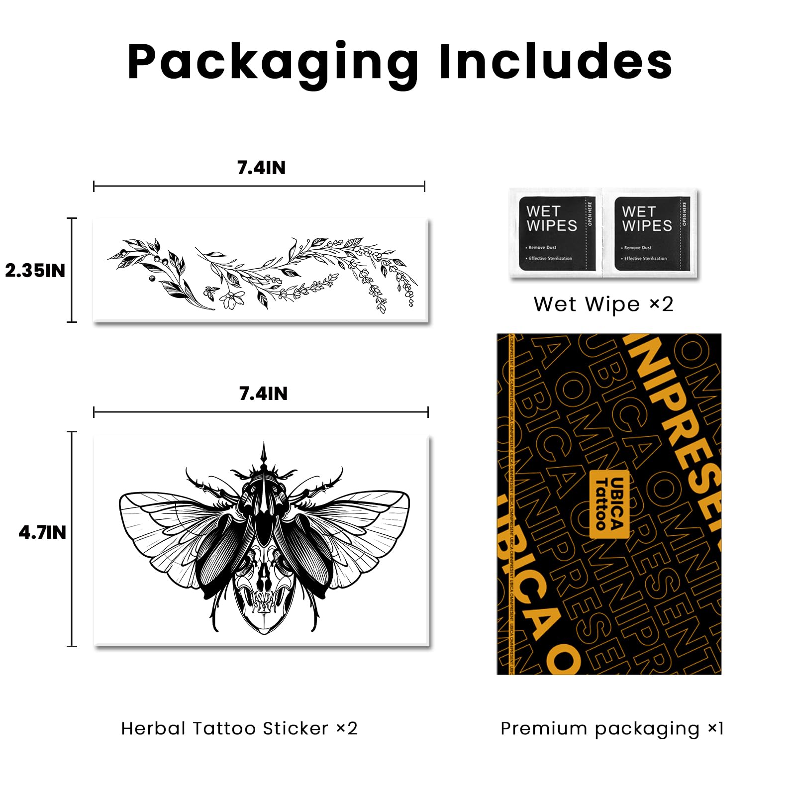 UBICA Tattoo Tech – 2-Sheet Dynamic Beetle Wing Semi-Permanent Tattoo, Waterproof Black Branch Wrist Art