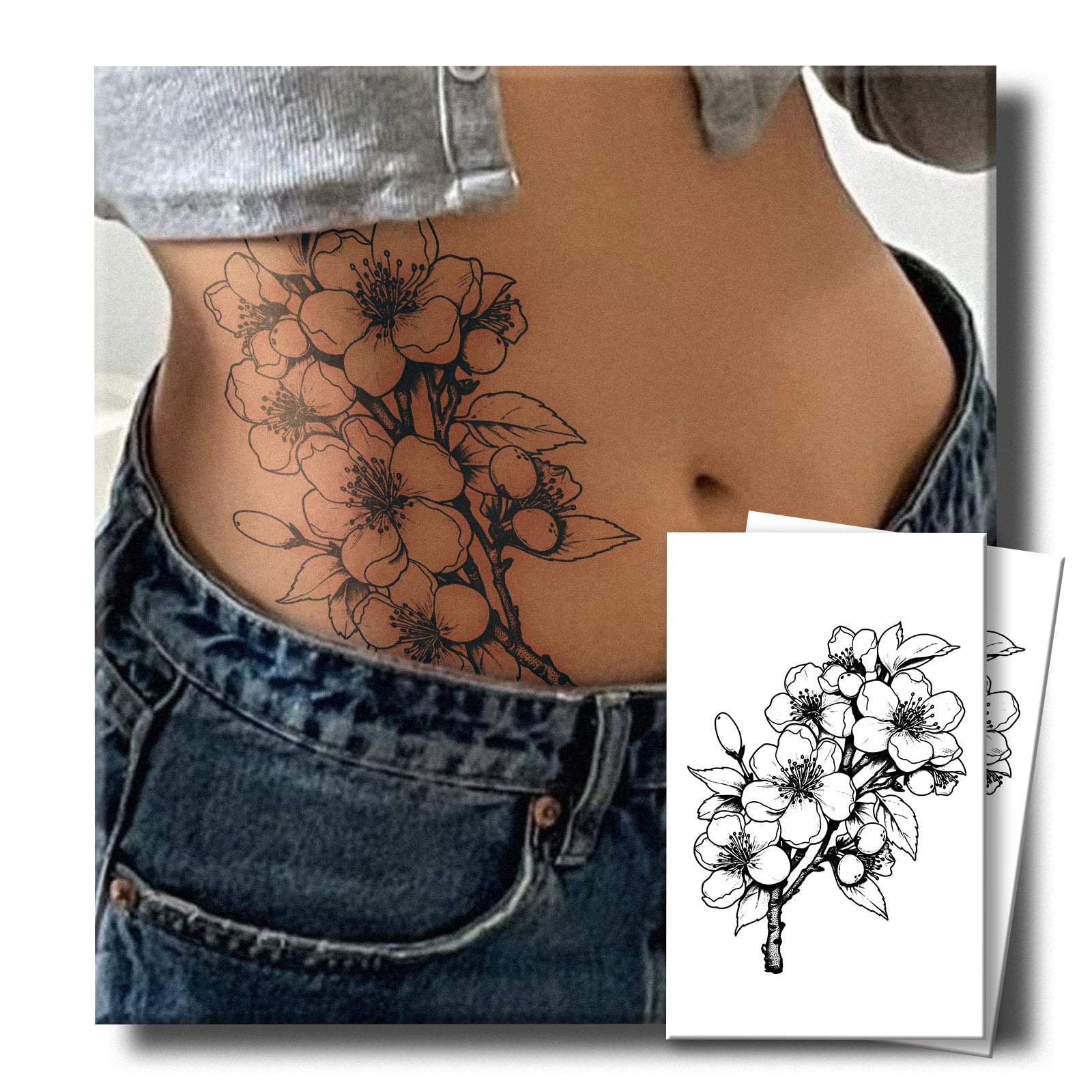 UBICA Tattoo Tech – 2 Sheets Large Semi-Permanent Tattoos (Flowers with Branches), 7–15 Days, Waterproof