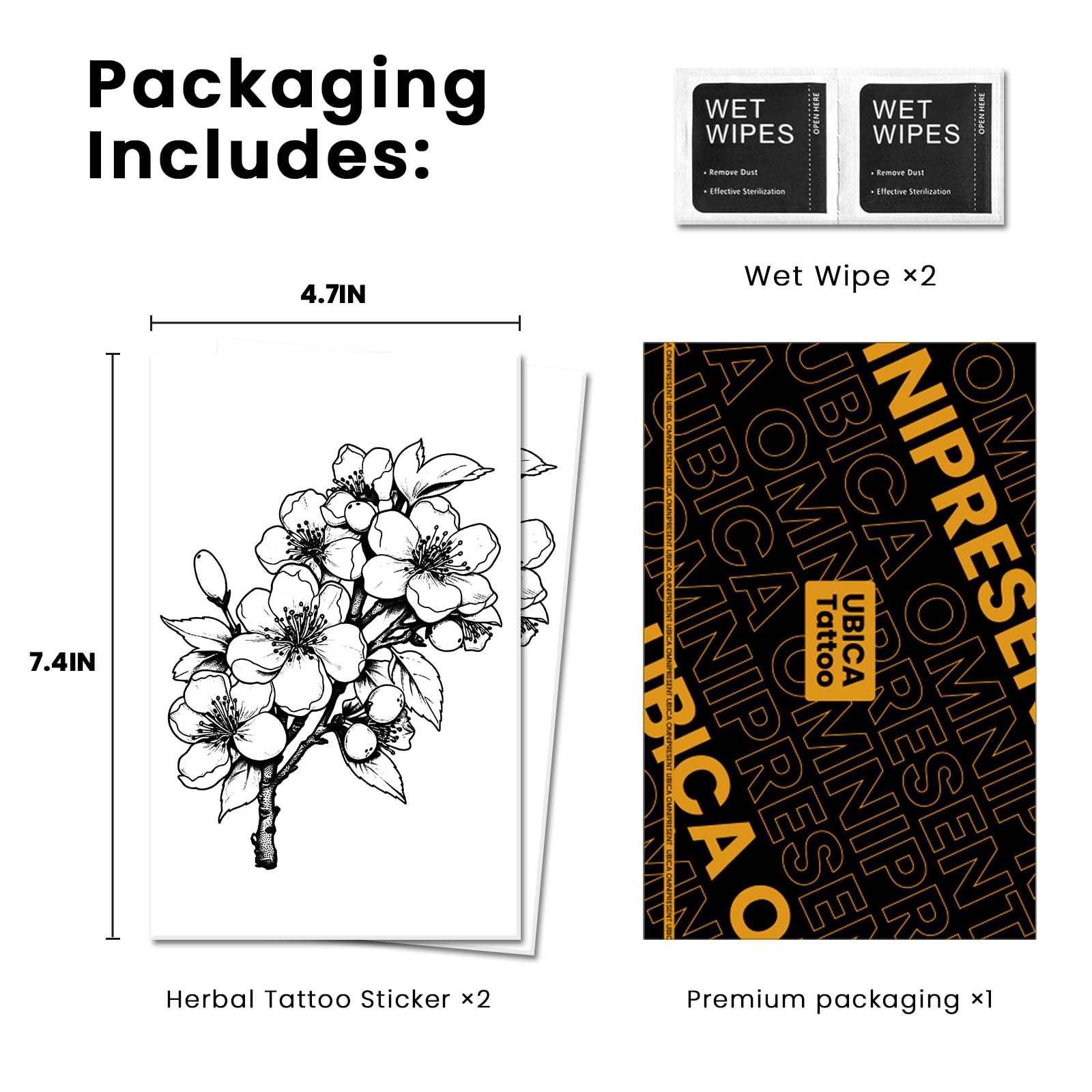 UBICA Tattoo Tech – 2 Sheets Large Semi-Permanent Tattoos (Flowers with Branches), 7–15 Days, Waterproof