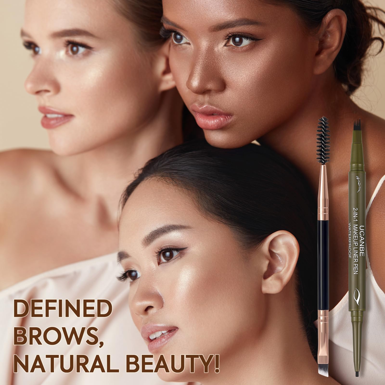 UCANBE Dual-Ended Eyebrow Pen & Gel Liner — 4-Fork Tips, Spoolie, Classic Brown