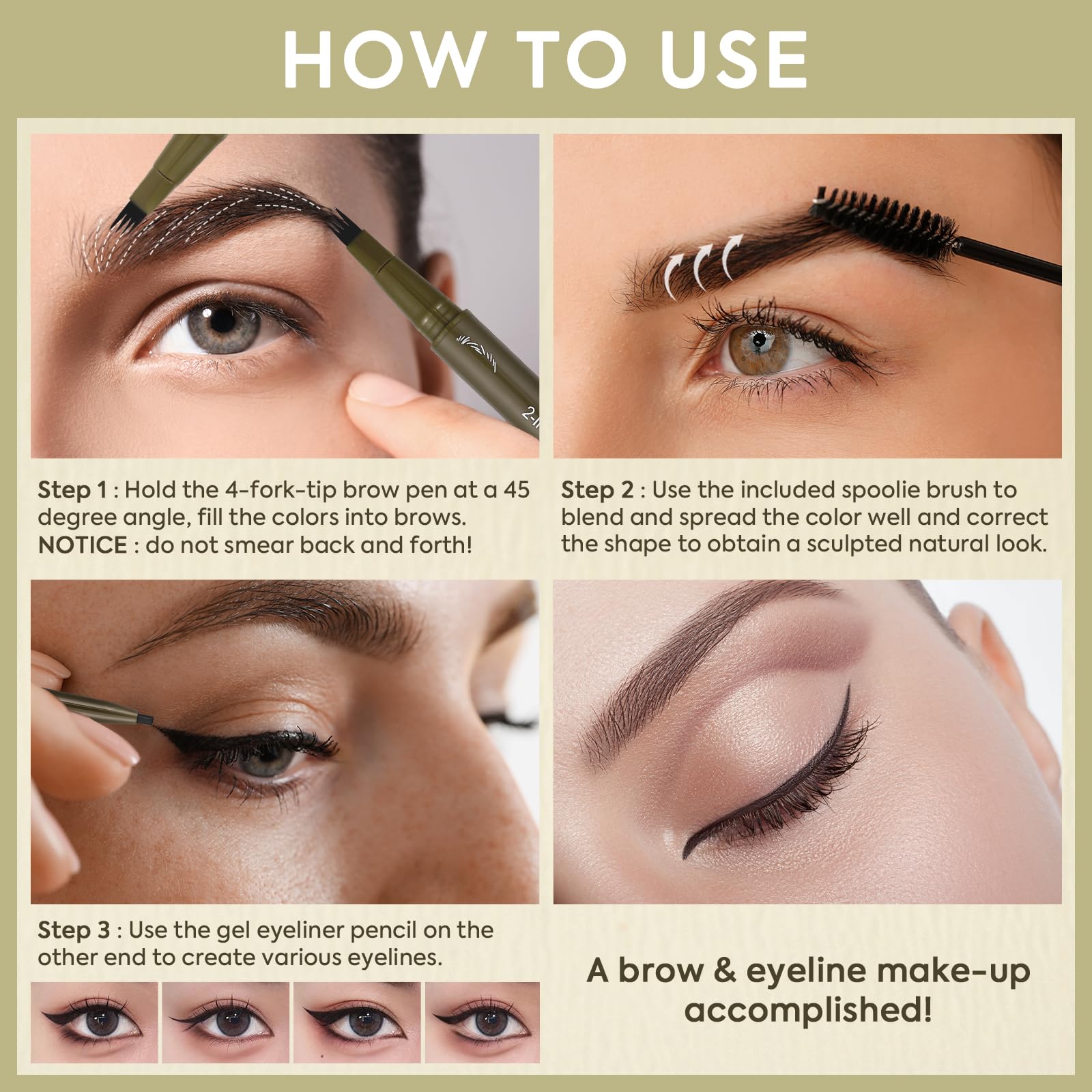UCANBE Dual-Ended Eyebrow Pen + Gel Liner — 4-Fork Tip, Spoolie Brush, Hair-Like Brows in Dark Brown
