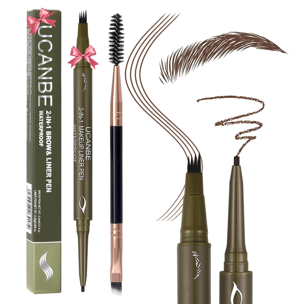 UCANBE Dual-Ended Eyebrow Pen + Gel Liner — 4-Fork Tip, Spoolie Brush, Hair-Like Brows in Dark Brown