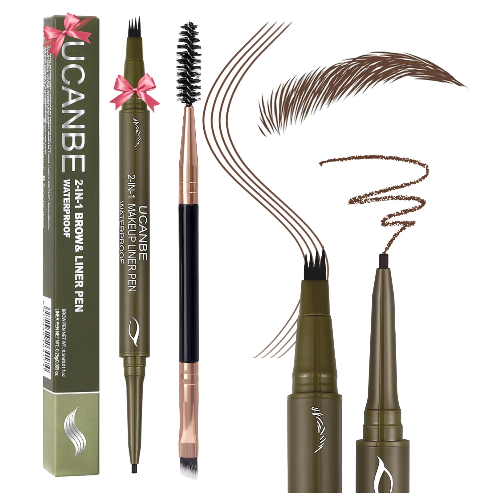 UCANBE Dual-Ended Eyebrow Pen + Gel Liner — 4-Fork Tip, Spoolie Brush, Hair-Like Brows in Dark Brown
