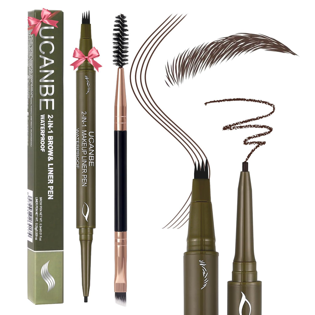 UCANBE Dual-Ended Eyebrow Pen & Gel Liner — 4-Fork Tips, Spoolie, Classic Brown