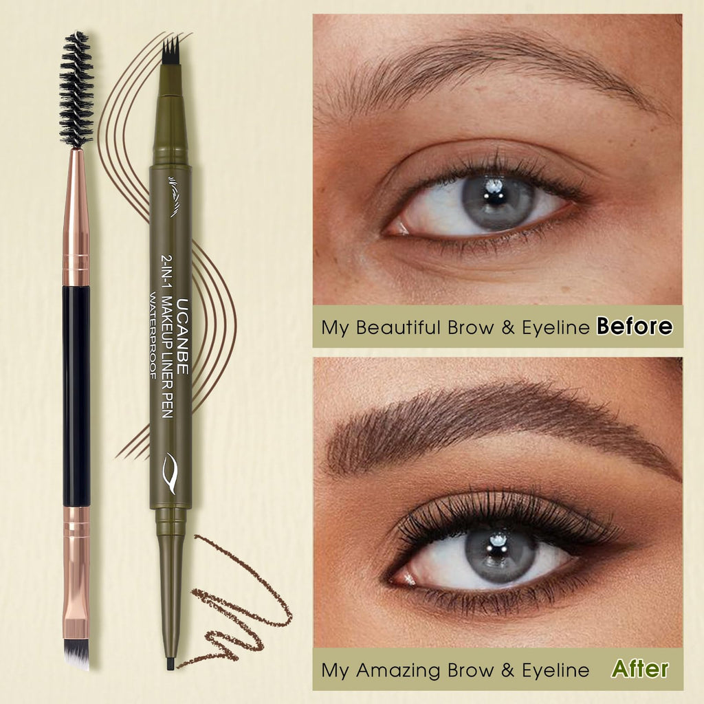 UCANBE Dual-Ended Eyebrow Pen + Gel Liner — 4-Fork Tip, Spoolie Brush, Hair-Like Brows in Dark Brown
