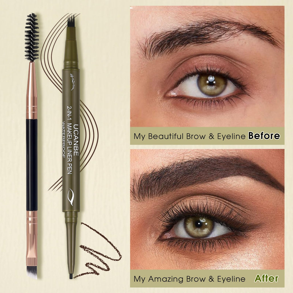UCANBE Dual-Ended Eyebrow Pen & Gel Liner — 4-Fork Tips, Spoolie, Classic Brown