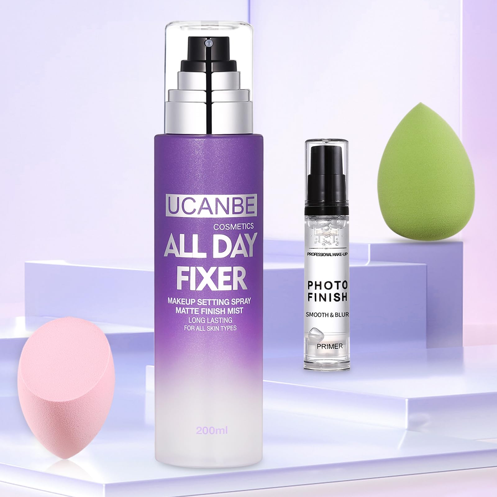 UCANBE Setting Spray + Hydrating Primer & Beauty Sponge Set | Matte Finish, Long-Lasting
