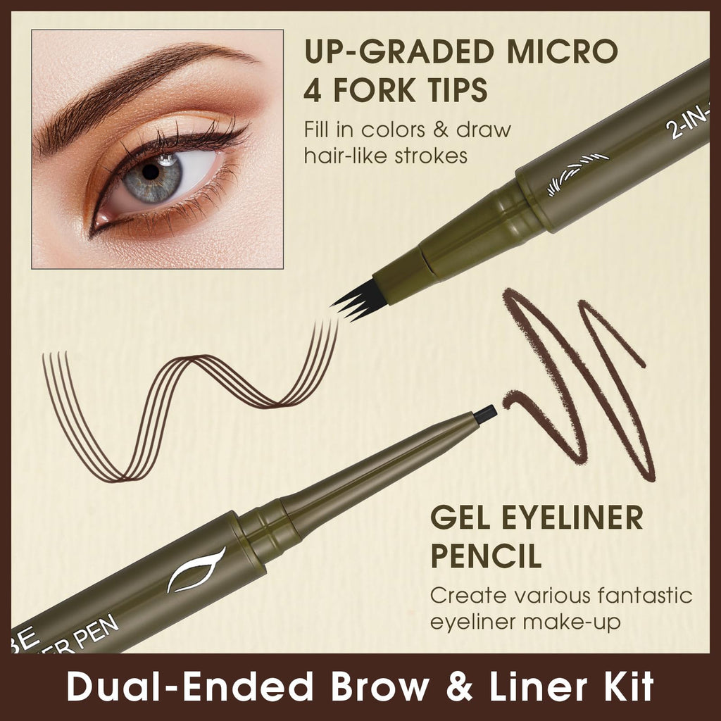 UCANBE Dual-Ended Eyebrow Pen & Gel Liner — 4-Fork Tips, Spoolie, Classic Brown