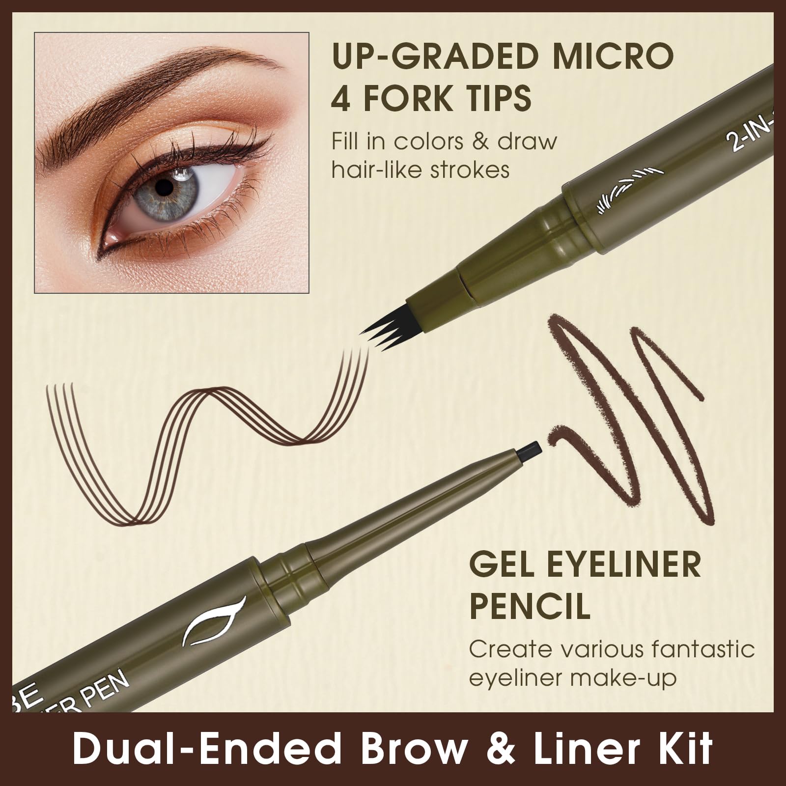 UCANBE Dual-Ended Eyebrow Pen & Gel Liner — 4-Fork Tips, Spoolie, Classic Brown