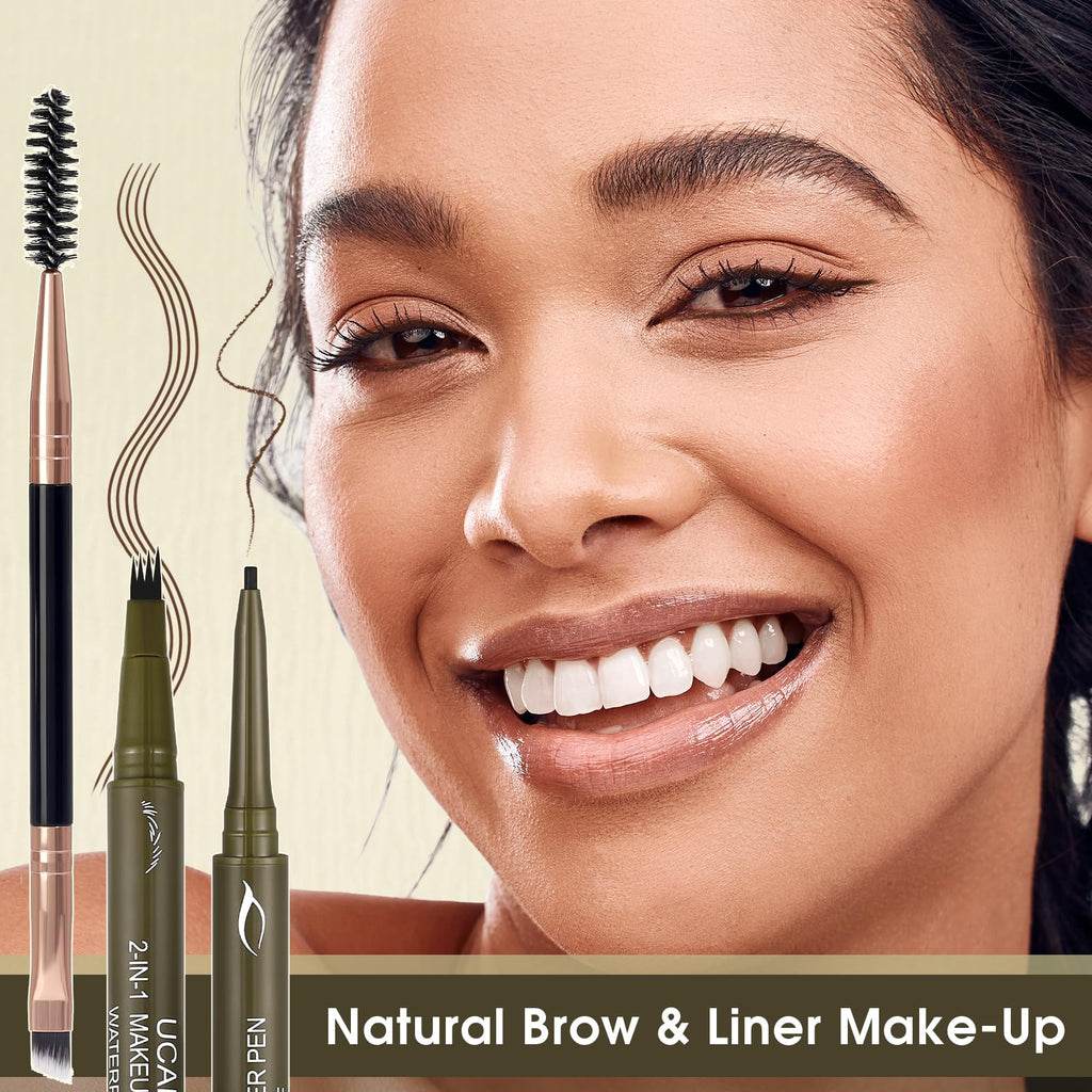 UCANBE Dual-Ended Eyebrow Pen + Gel Liner — 4-Fork Tip, Spoolie Brush, Hair-Like Brows in Dark Brown
