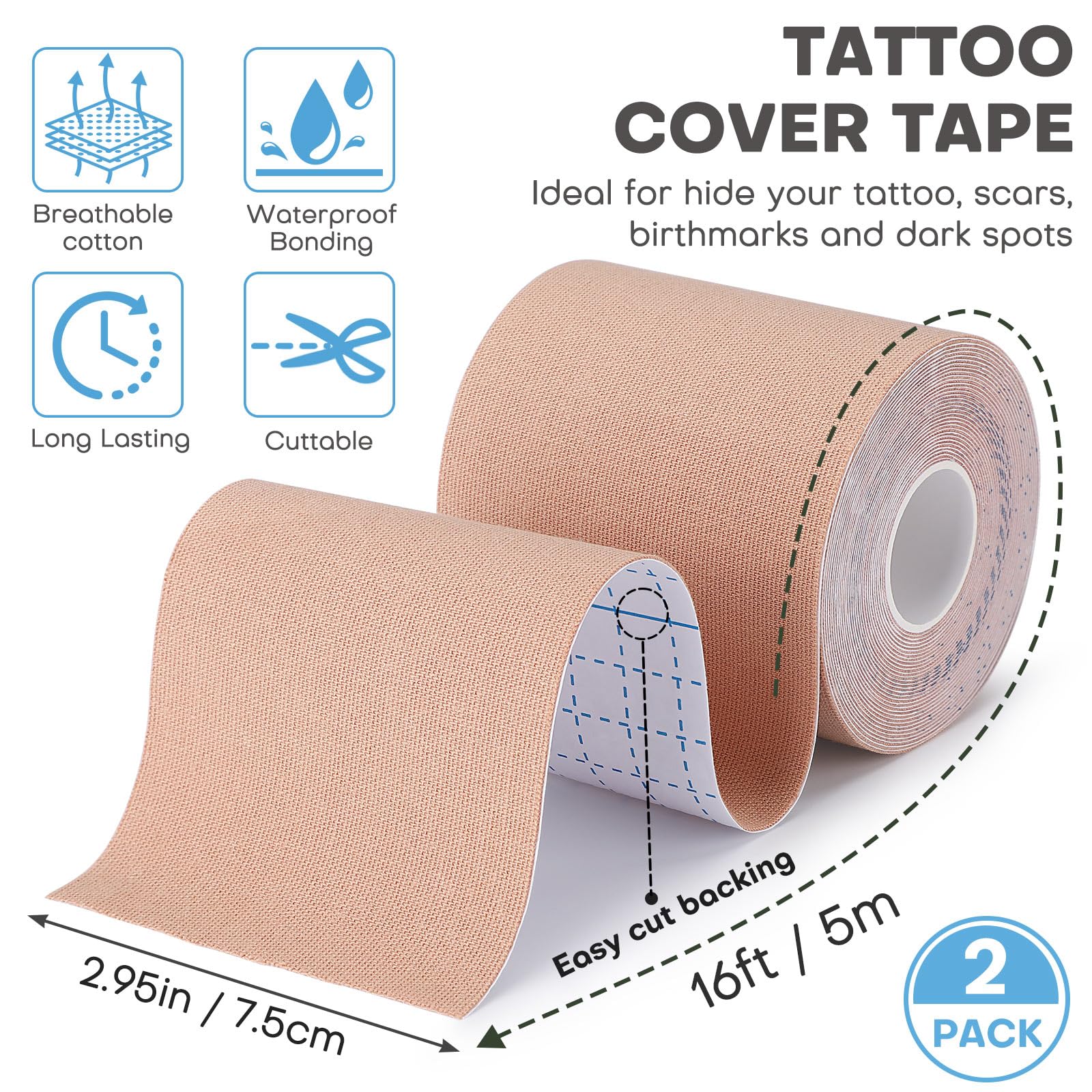 Udefineit Tattoo Cover Up Tape – 2 Rolls, 3-Inch Wide, 16.4 ft Each, Light Tan