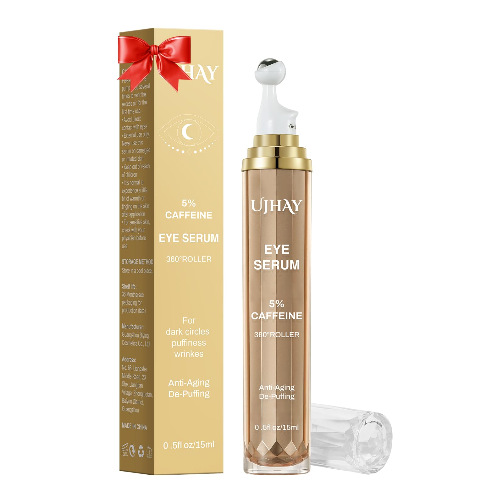 UJHAY 5% Caffeine Eye Cream – Eye Serum for Dark Circles, Puffiness & Fine Lines with 360° Massage Ball