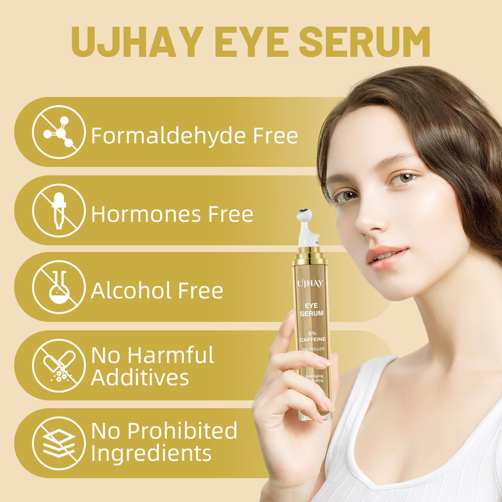 UJHAY 5% Caffeine Eye Cream – Eye Serum for Dark Circles, Puffiness & Fine Lines with 360° Massage Ball