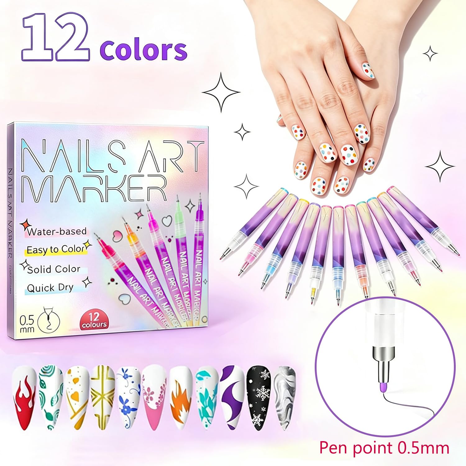 UKM 12 Colors Nail Art Pens - Quick-Dry Nail Markers for Home Salon (1 Set)
