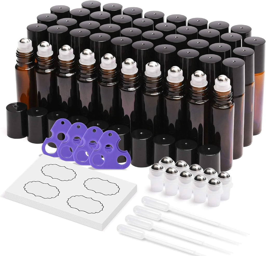 ULG 48-Pack 10ml Essential Oil Roller Bottles – Amber Glass, Stainless Steel Rollers, Waterproof Labels