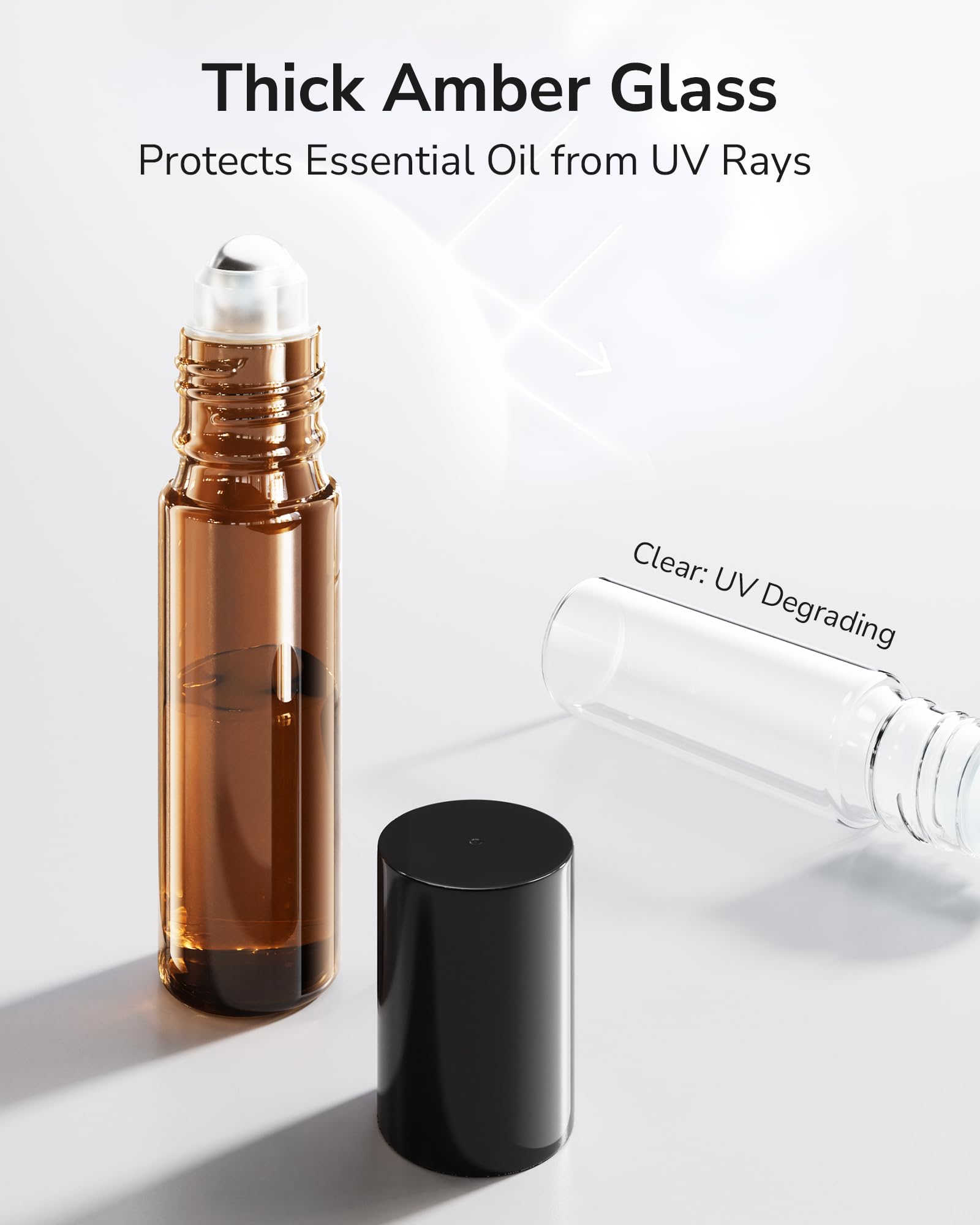 ULG 48-Pack 10ml Essential Oil Roller Bottles – Amber Glass, Stainless Steel Rollers, Waterproof Labels