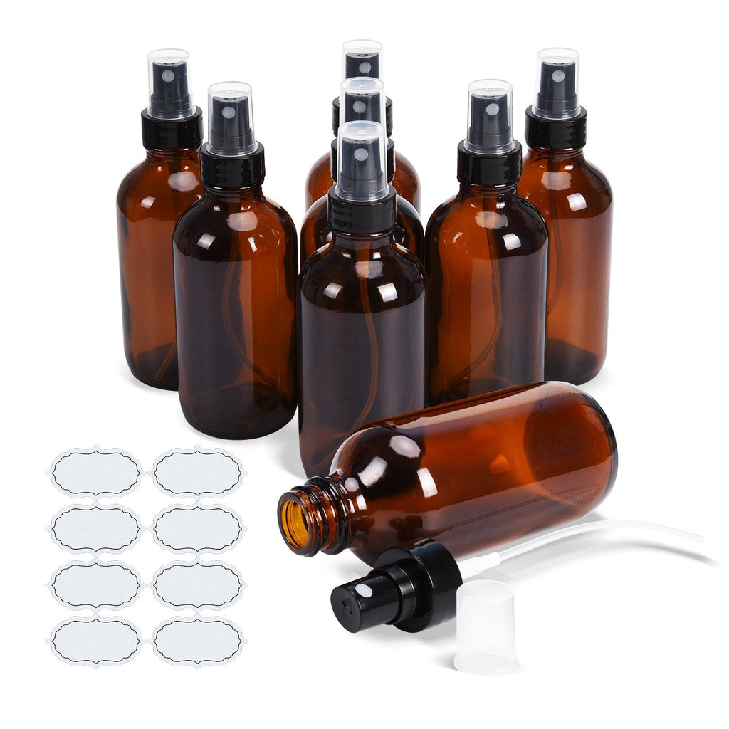 ULG Fine Mist Sprayers – 4 oz Amber Glass Bottles (8-Pack) with DIY Labels