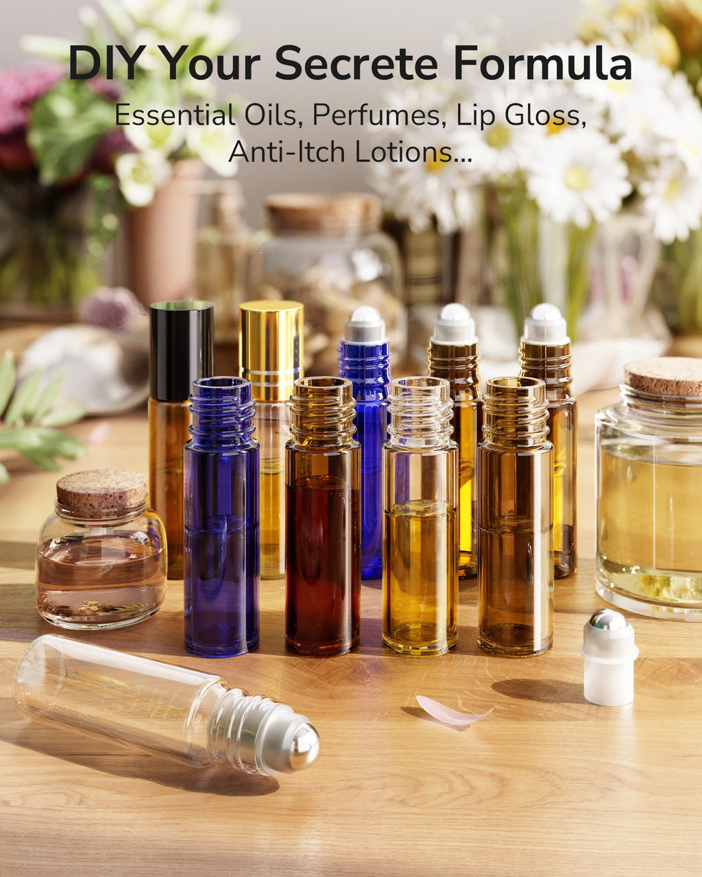 ULG 48-Pack 10ml Essential Oil Roller Bottles – Amber Glass, Stainless Steel Rollers, Waterproof Labels