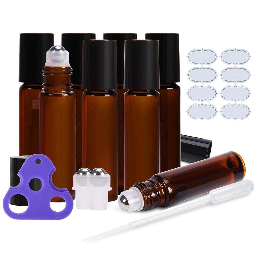 ULG Roll-On Bottles 10ml Amber Glass – 8 Pack with Stainless Steel Roller