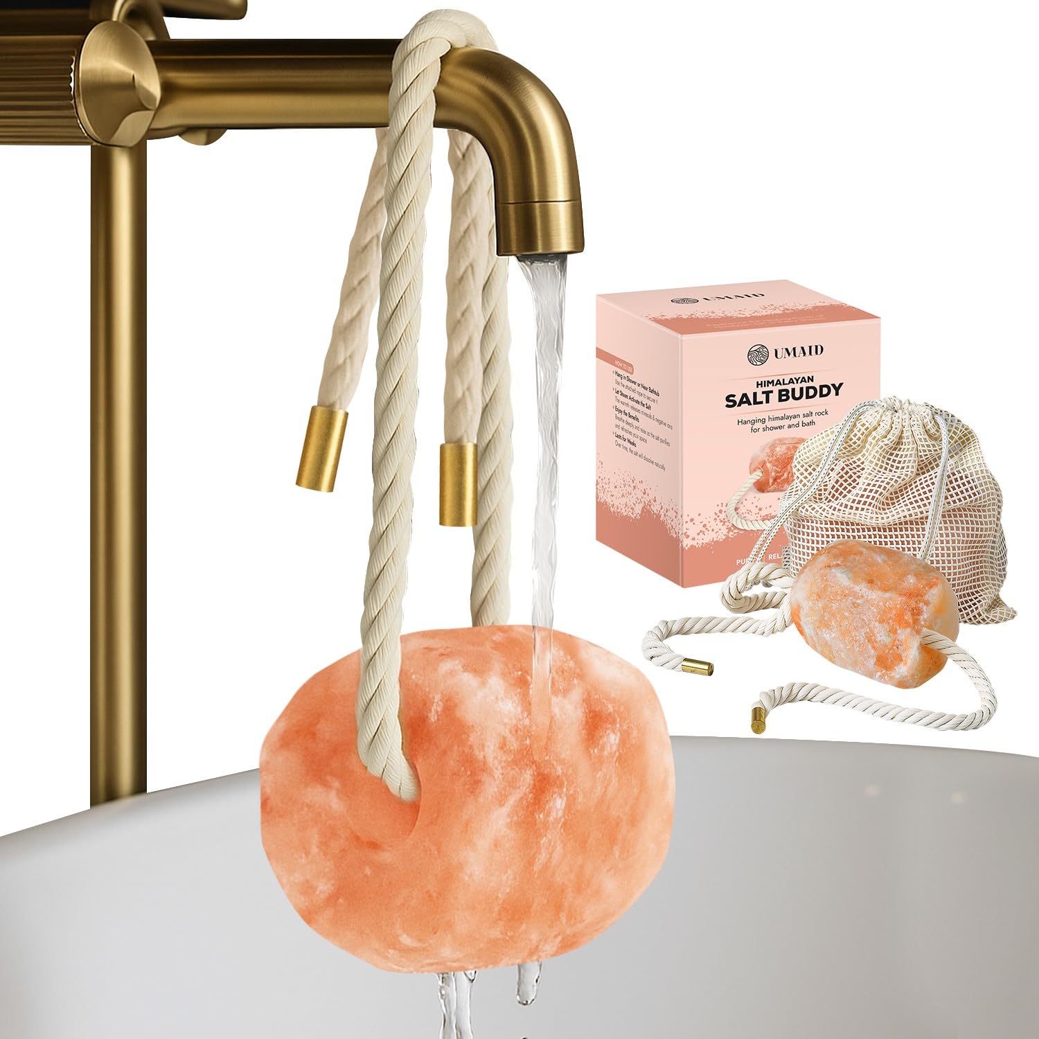 UMAID Himalayan Bath Salt Buddy – 2 lb Solid Pink Salt Rock for Shower & Bath