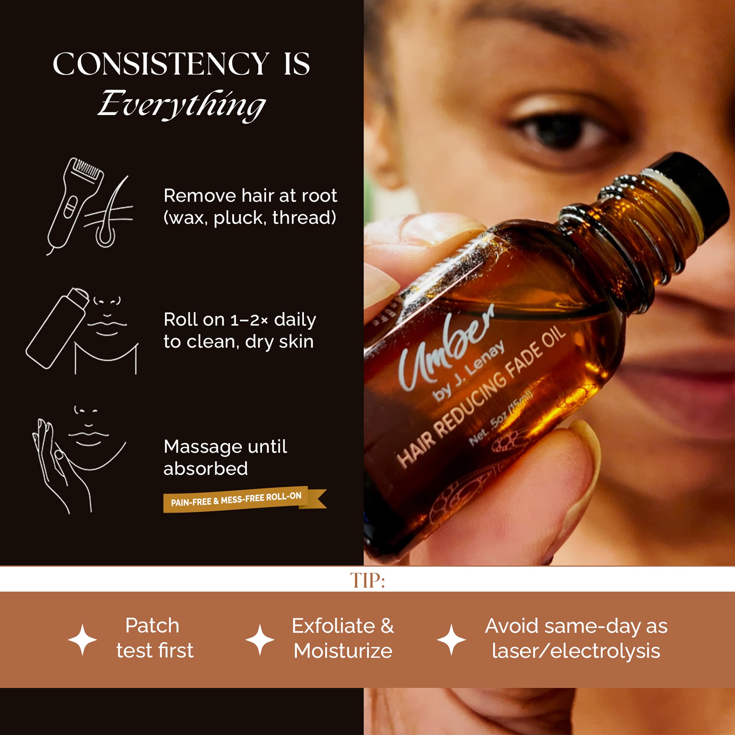 Umber By J. Lenay Hair Reducing Fade Oil - Sentive Strength for Sensitive Skin | Hair Growth Inhibitor Serum 15ml
