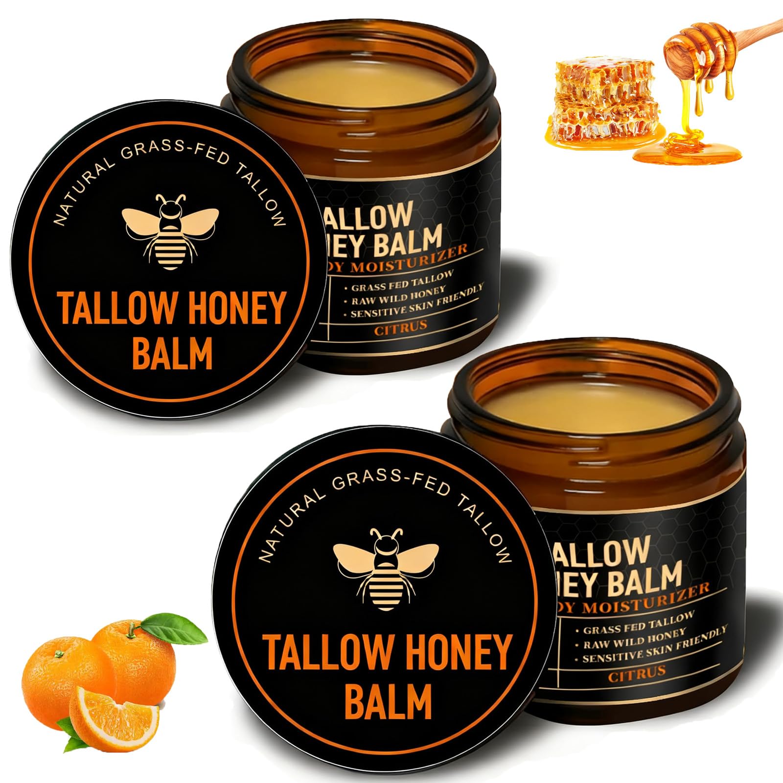 UMHWYZW 2-Pack Organic Beef Tallow Face Moisturizer with Raw Honey – Grass-Fed Tallow, Citrus Scent