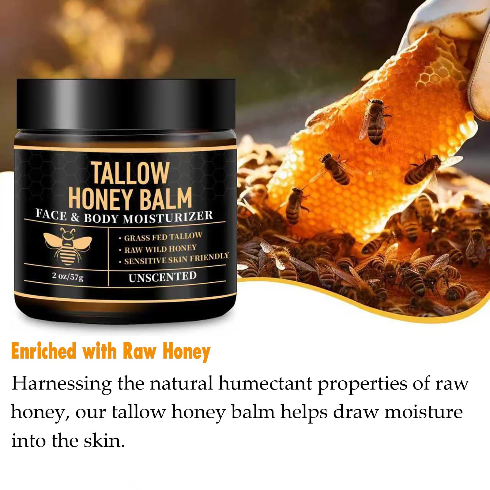 UMHWYZW 2-Pack Organic Beef Tallow Face Moisturizer with Raw Honey – Grass-Fed Tallow, Citrus Scent