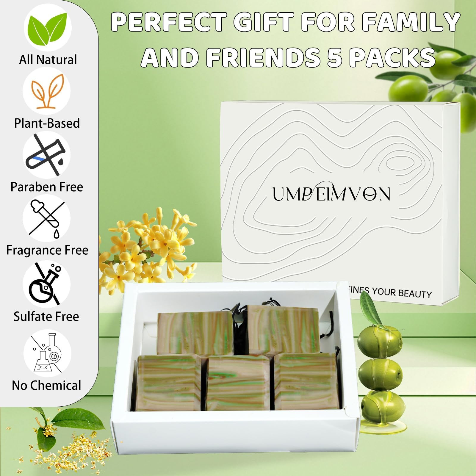 Umpeimvon 5 Pack Olive Oil Soap Bar – 80% Olive Oil, 20% Laurel, Cold-Pressed & Fragrance-Free