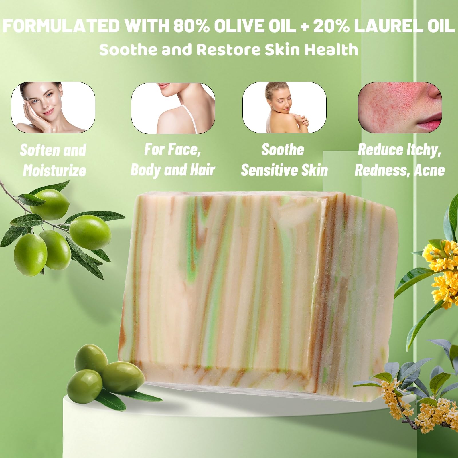Umpeimvon 5 Pack Olive Oil Soap Bar – 80% Olive Oil, 20% Laurel, Cold-Pressed & Fragrance-Free