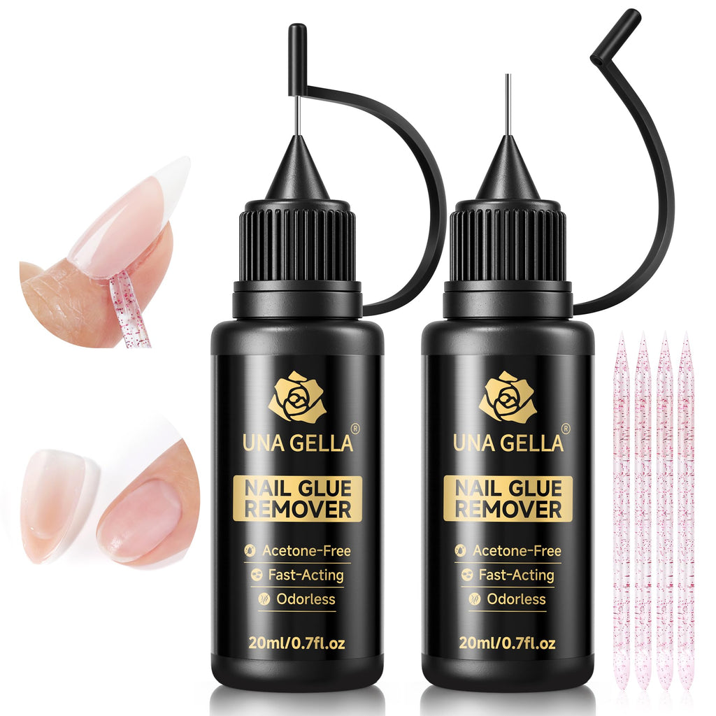 UNA GELLA Nail Glue Remover 20ml x 2 - Gentle, Non-Acetone for Press-On Nails with Crystal Sticks