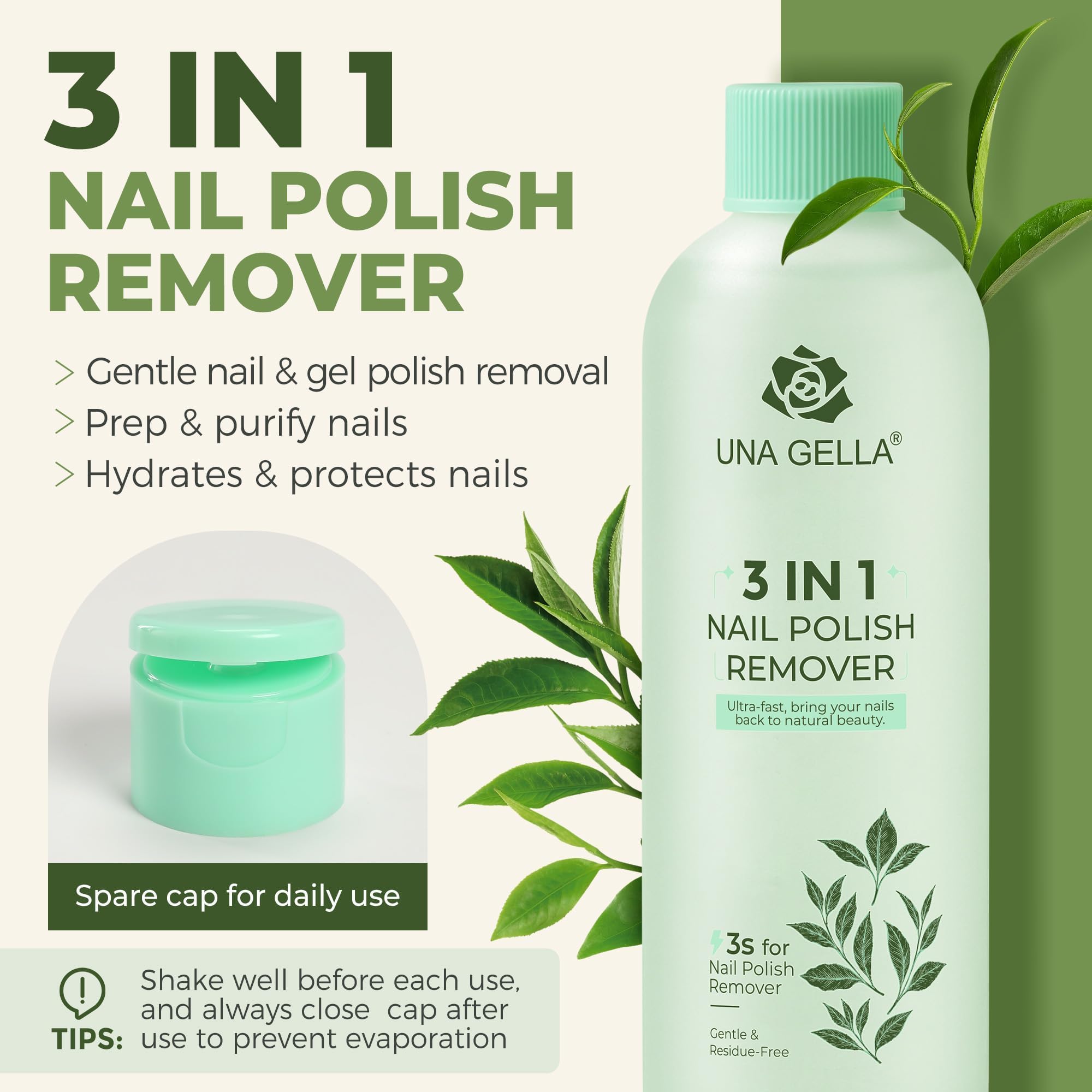 UNA GELLA Nail Polish Remover - Easy-Use Cap, 8 oz, Soak Off Acetone with Green Tea Scent