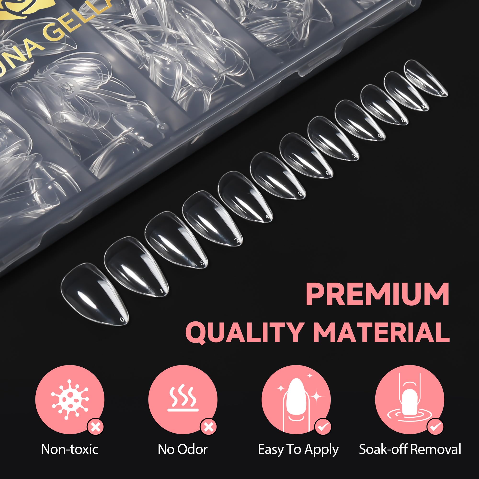UNA GELLA Short Almond Nail Tips – 504Pcs Soft Gel Full Cover Nails, Durable DIY Press-On Nails, 12 Sizes