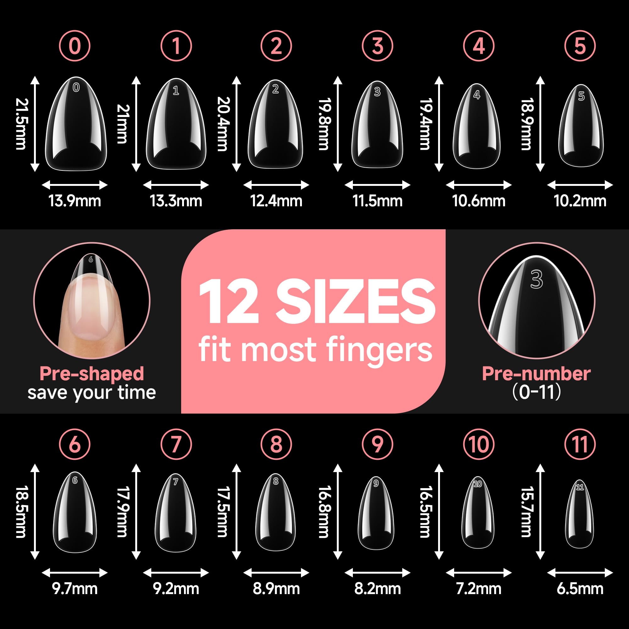 UNA GELLA Short Almond Nail Tips – 504Pcs Soft Gel Full Cover Nails, Durable DIY Press-On Nails, 12 Sizes