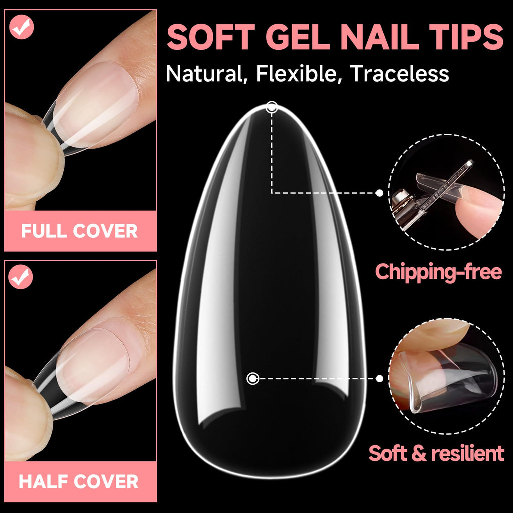 UNA GELLA Short Almond Nail Tips – 504Pcs Soft Gel Full Cover Nails, Durable DIY Press-On Nails, 12 Sizes