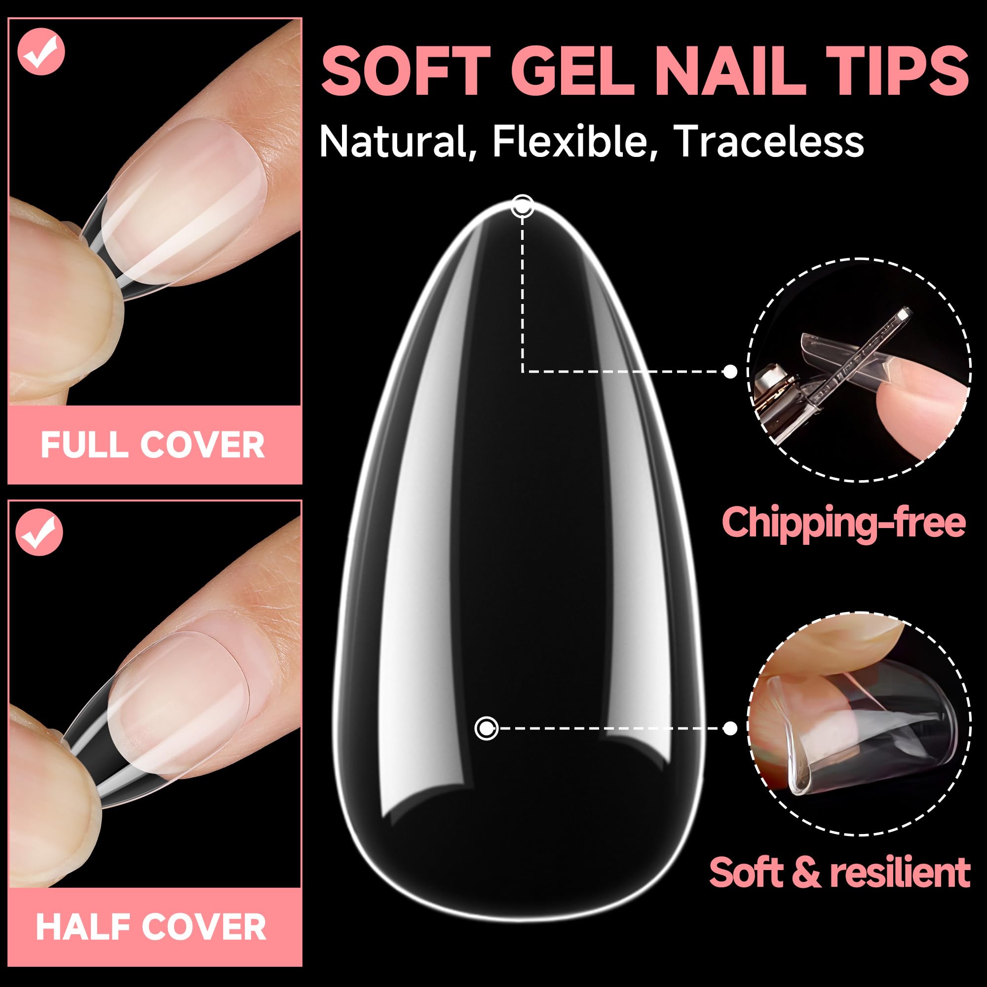 UNA GELLA Short Almond Nail Tips – 504Pcs Soft Gel Full Cover Nails, Durable DIY Press-On Nails, 12 Sizes