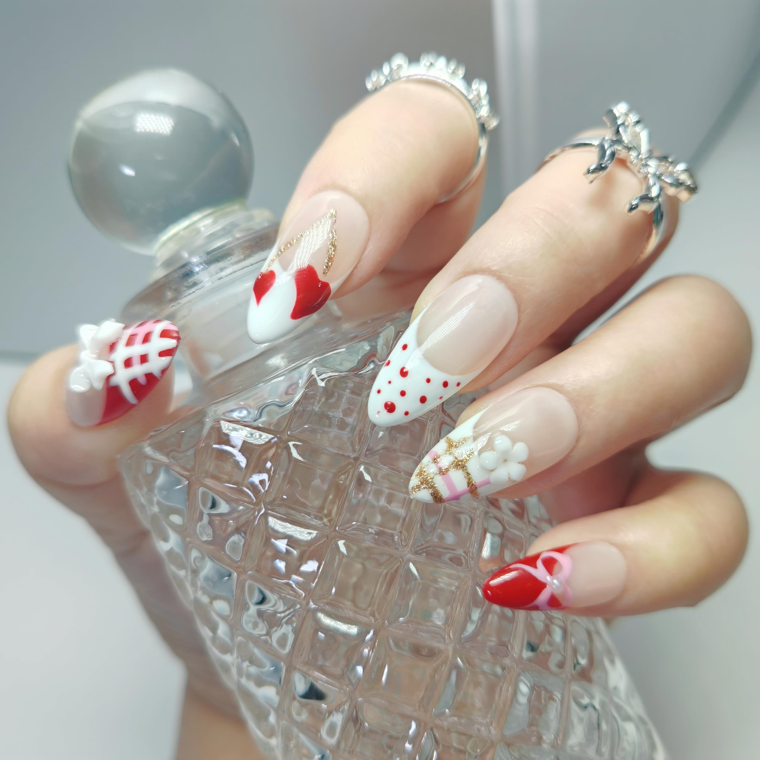 UNIYVOH Almond Press On Nails – Handmade Stiletto 3D Flower Design (Valentine Red French, Size S)