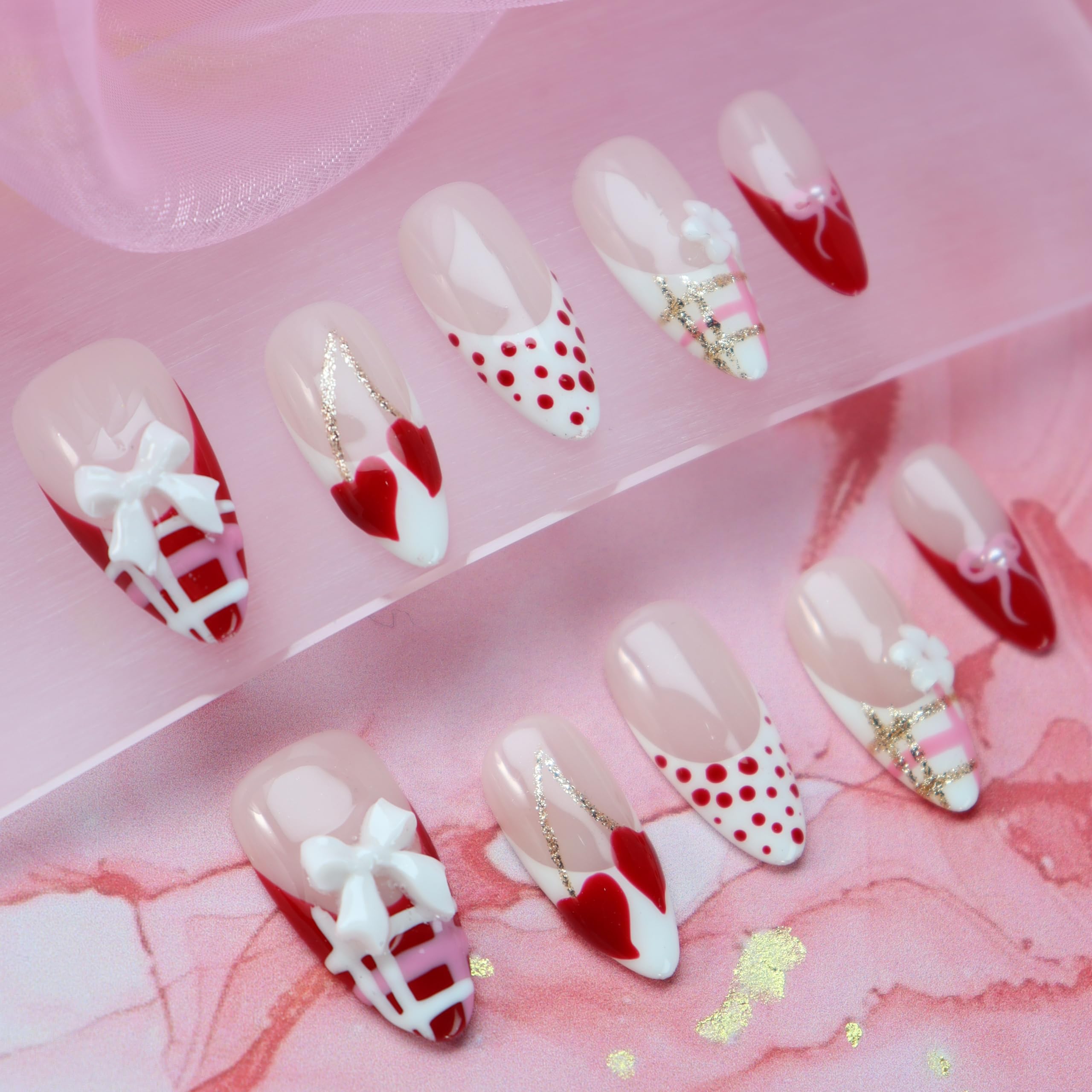 UNIYVOH Almond Press On Nails – Handmade Stiletto 3D Flower Design (Valentine Red French, Size S)