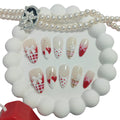 UNIYVOH Almond Press On Nails – Handmade Stiletto 3D Flower Design (Valentine Red French, Size S)