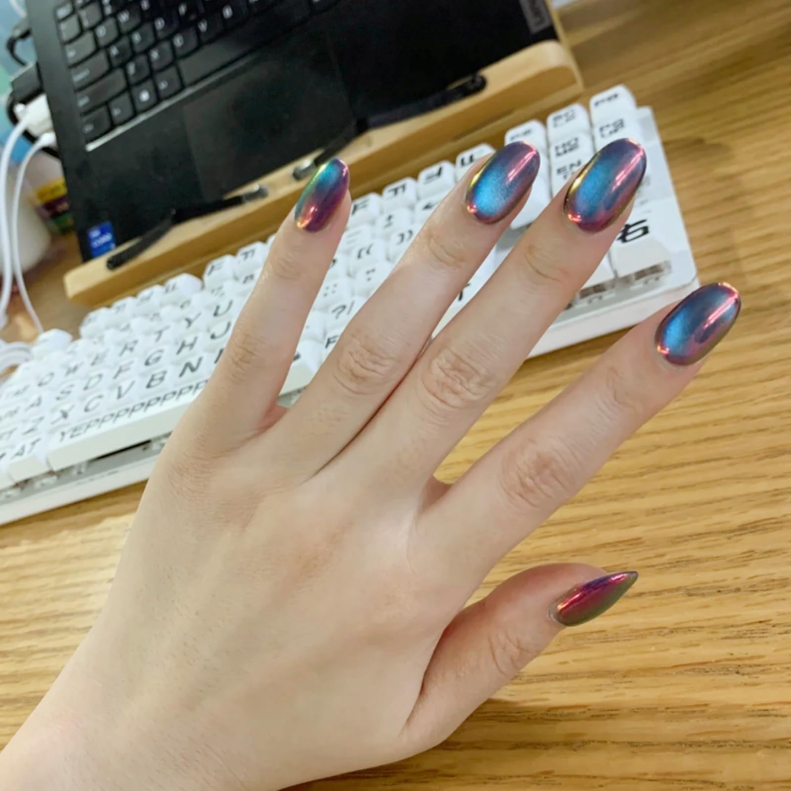 UNIYVOH Cat Eye Press On Nails – Aurora Night S | Handmade Short Oval, Square & Round