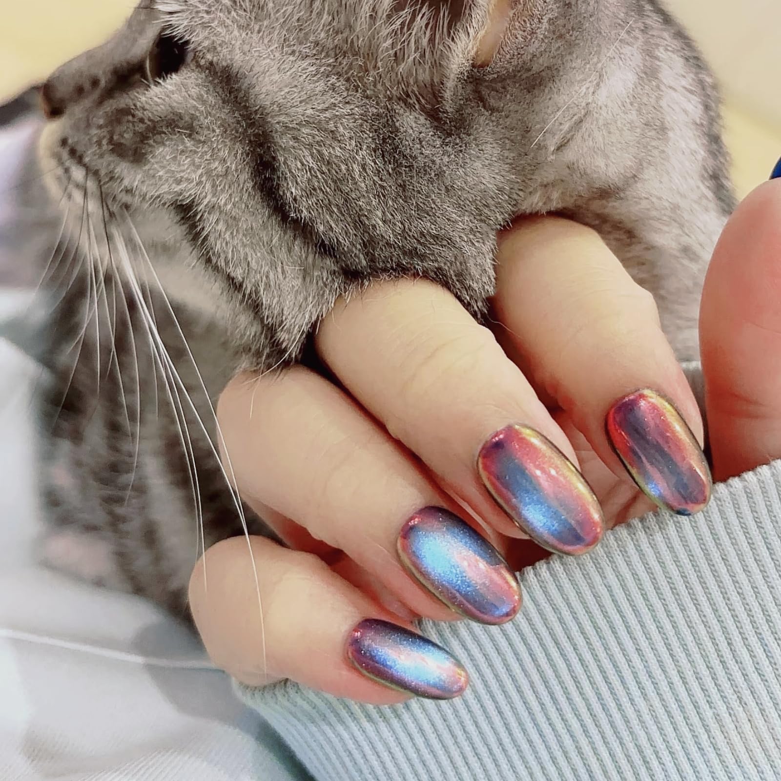 UNIYVOH Cat Eye Press On Nails – Aurora Night S | Handmade Short Oval, Square & Round