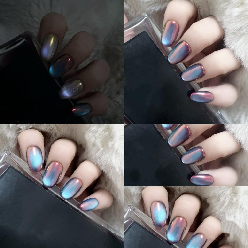 UNIYVOH Cat Eye Press On Nails – Aurora Night S | Handmade Short Oval, Square & Round