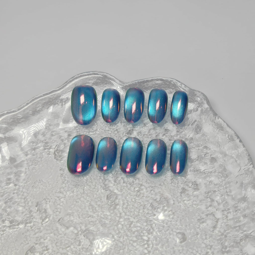 UNIYVOH Cat Eye Press On Nails – Aurora Night S | Handmade Short Oval, Square & Round