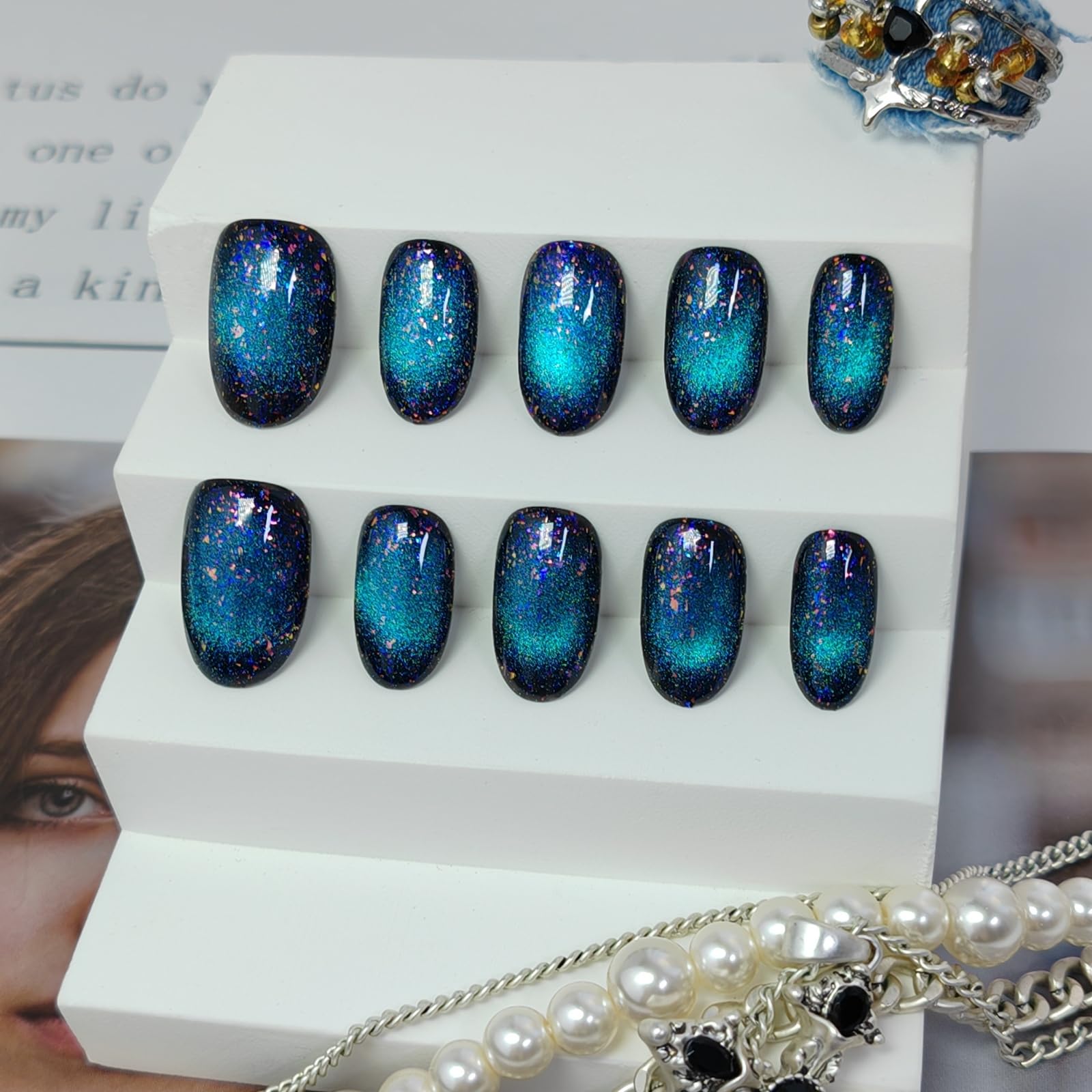 UNIYVOH Starry Sky Oval Nails – Handmade Glitter Press-On Nails (Cat Eye/Aurora)