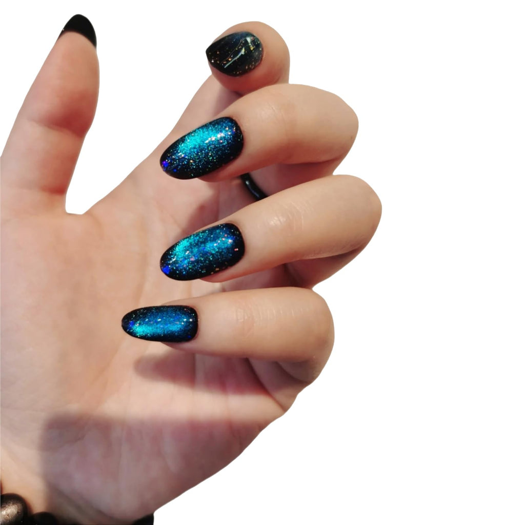 UNIYVOH Starry Sky Oval Nails – Handmade Glitter Press-On Nails (Cat Eye/Aurora)