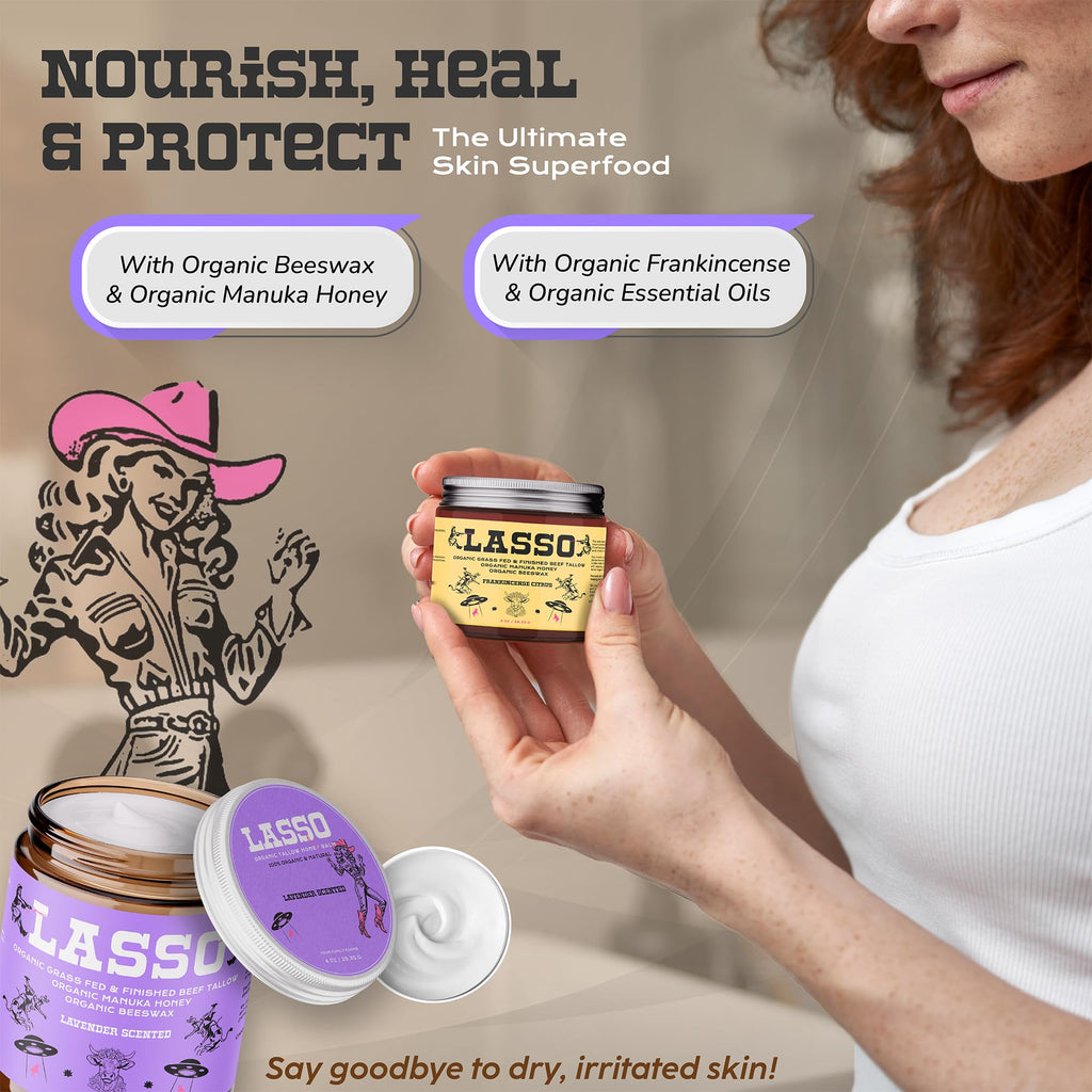 LASSO TALLOW Beef Tallow Face Moisturizer — Grass-Fed Tallow, Manuka Honey, Unscented