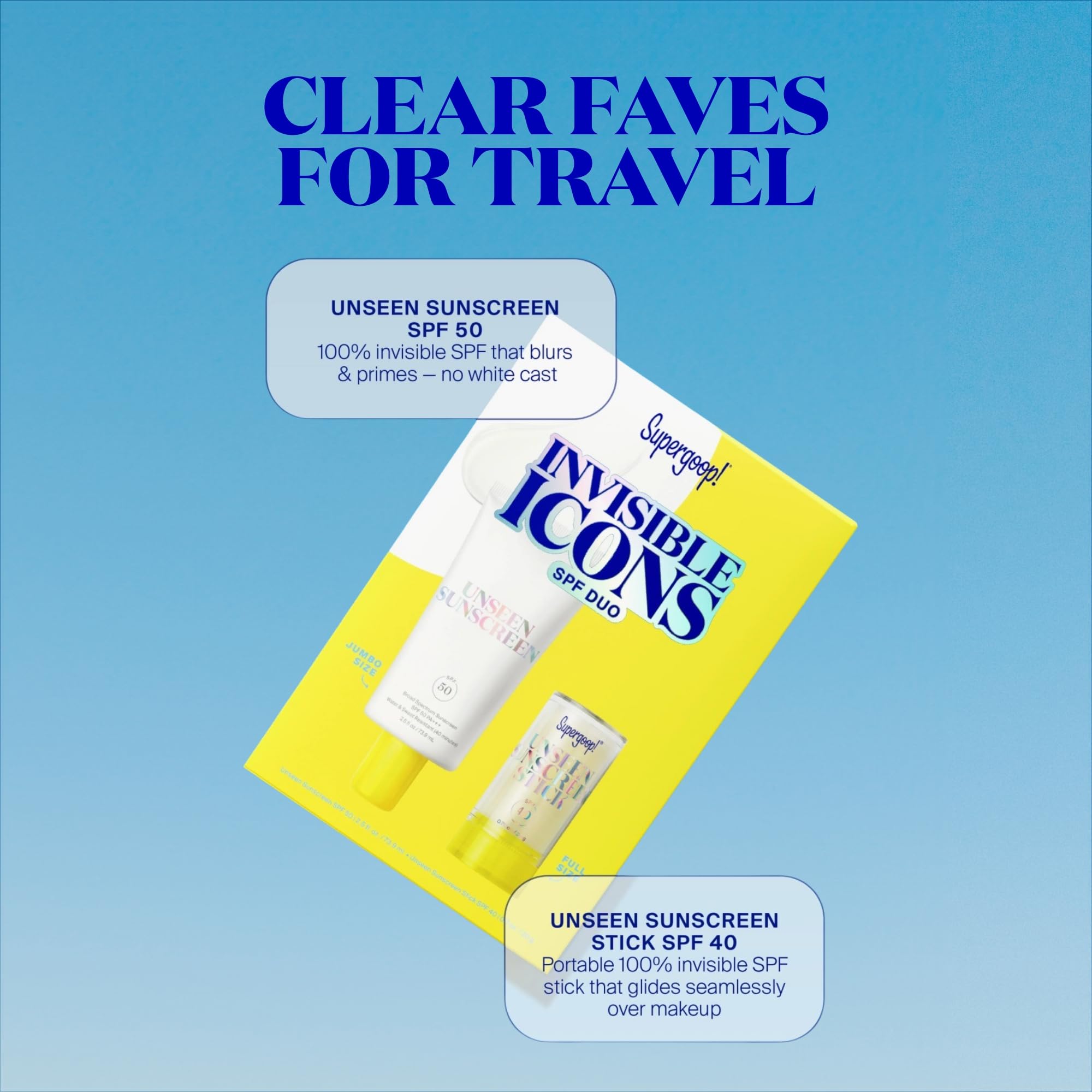 Supergoop! Invisible Icons SPF Set – Unseen Sunscreen SPF50 (2.5 oz) & Unseen Sunscreen Stick SPF40 (0.7 oz)