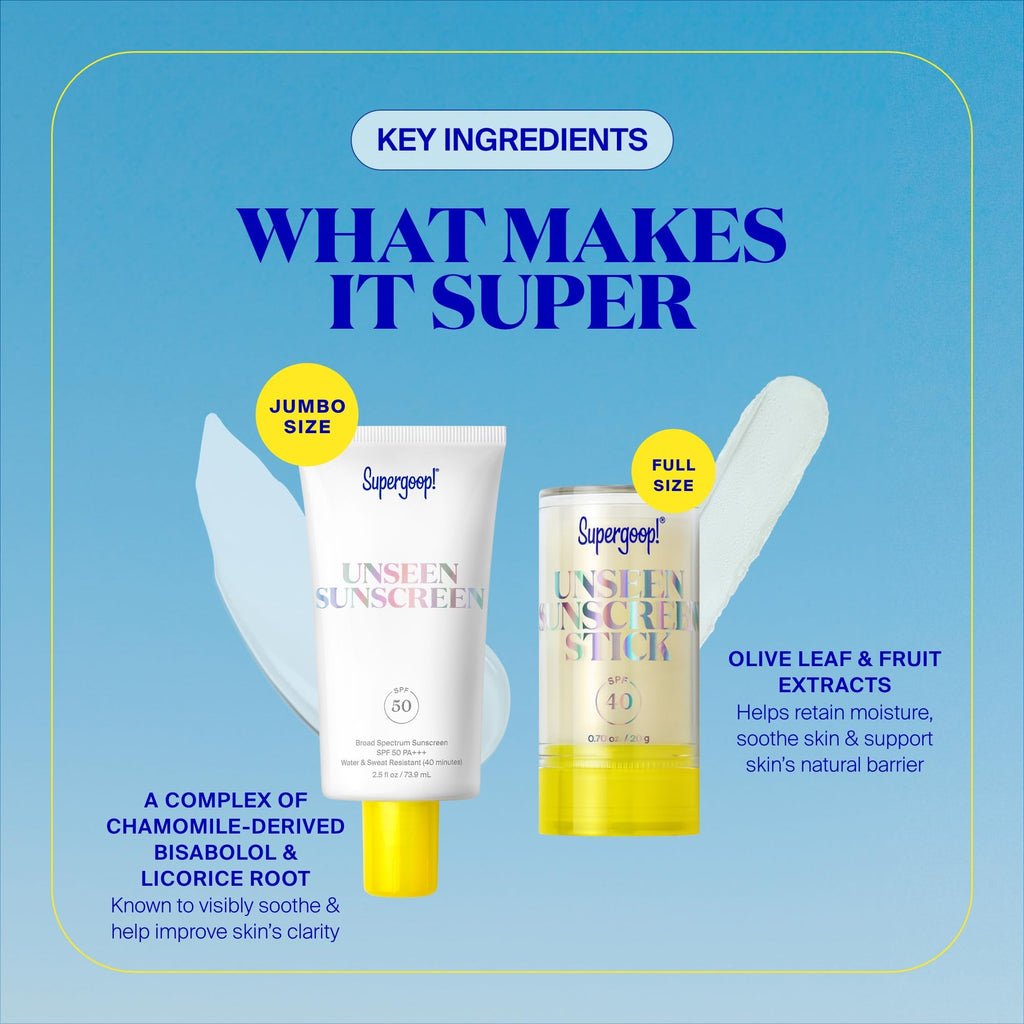 Supergoop! Invisible Icons SPF Set – Unseen Sunscreen SPF50 (2.5 oz) & Unseen Sunscreen Stick SPF40 (0.7 oz)
