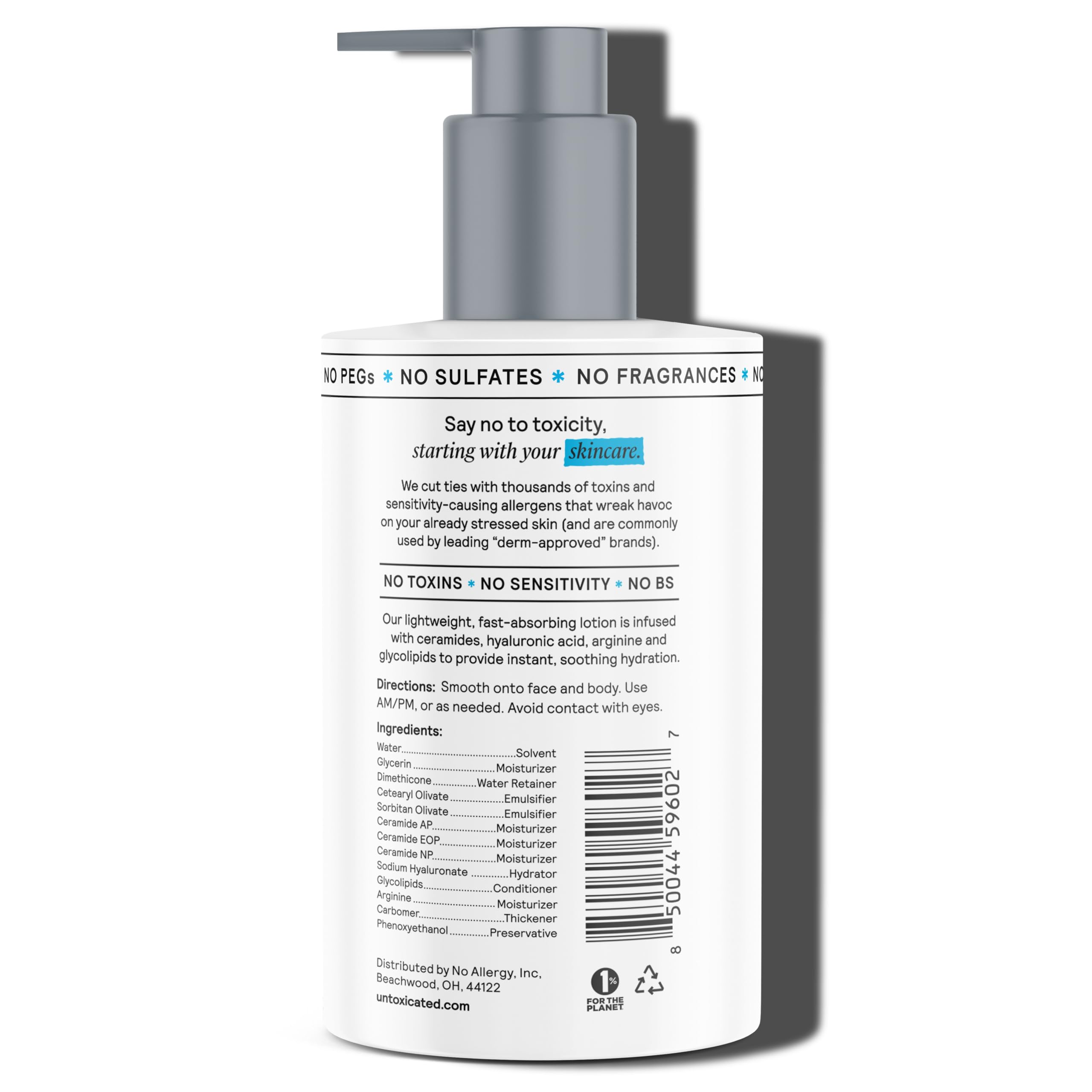 Untoxicated Moisturizing Lotion – Sensitive Skin Daily Moisturizer (Ceramides + Hyaluronic Acid) – Fragrance-Free, Oil-Free, Non-Comedogenic – 10 oz